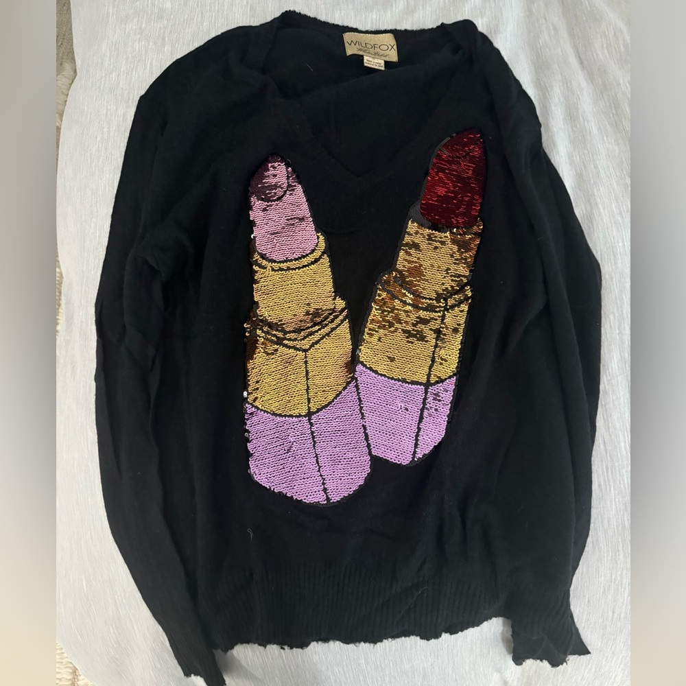 Wildfox Black Sweater with Lipstick Sequin Design size S